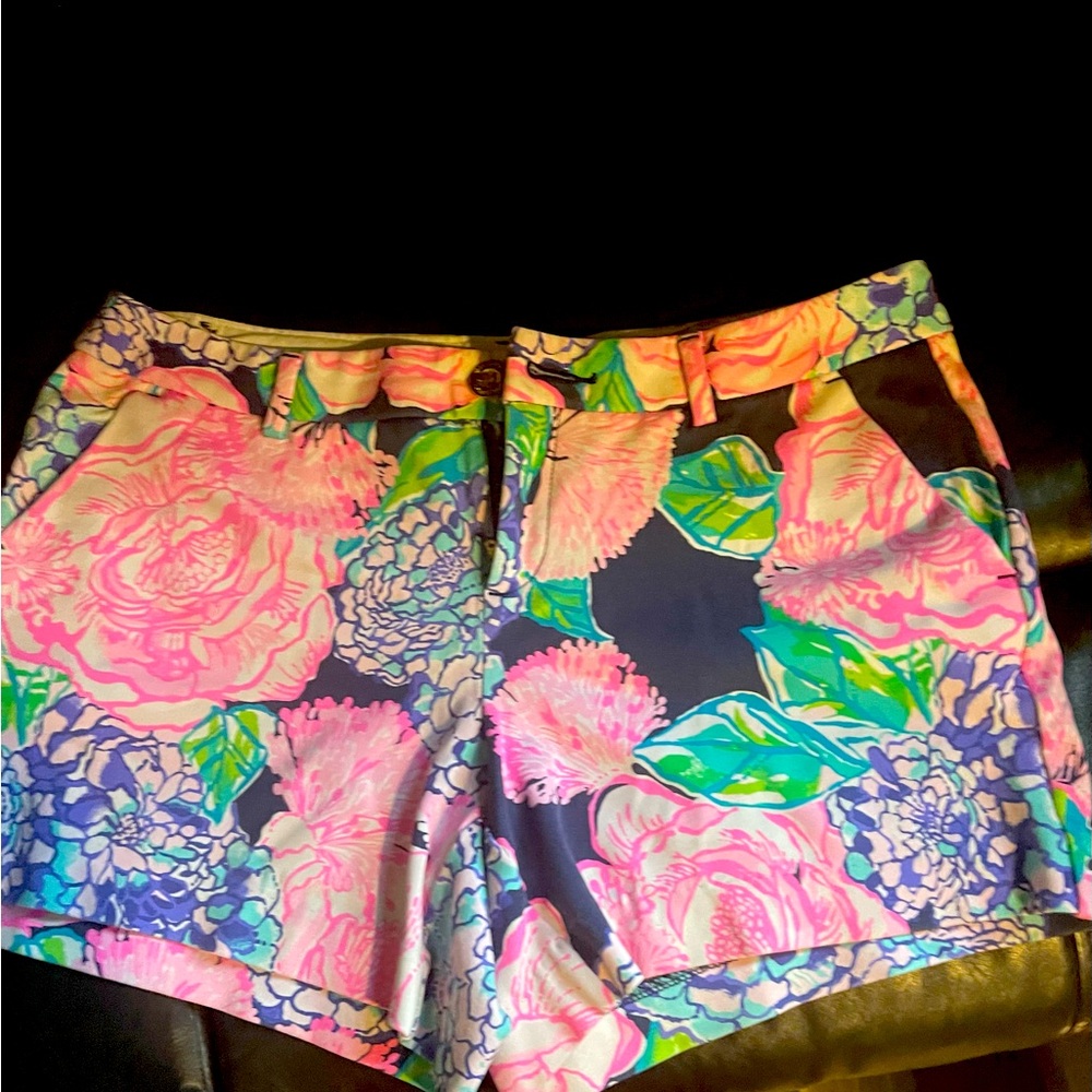 Lilly Pulitzer Pink and Green Bermuda Shorts Vibrant Floral Design
